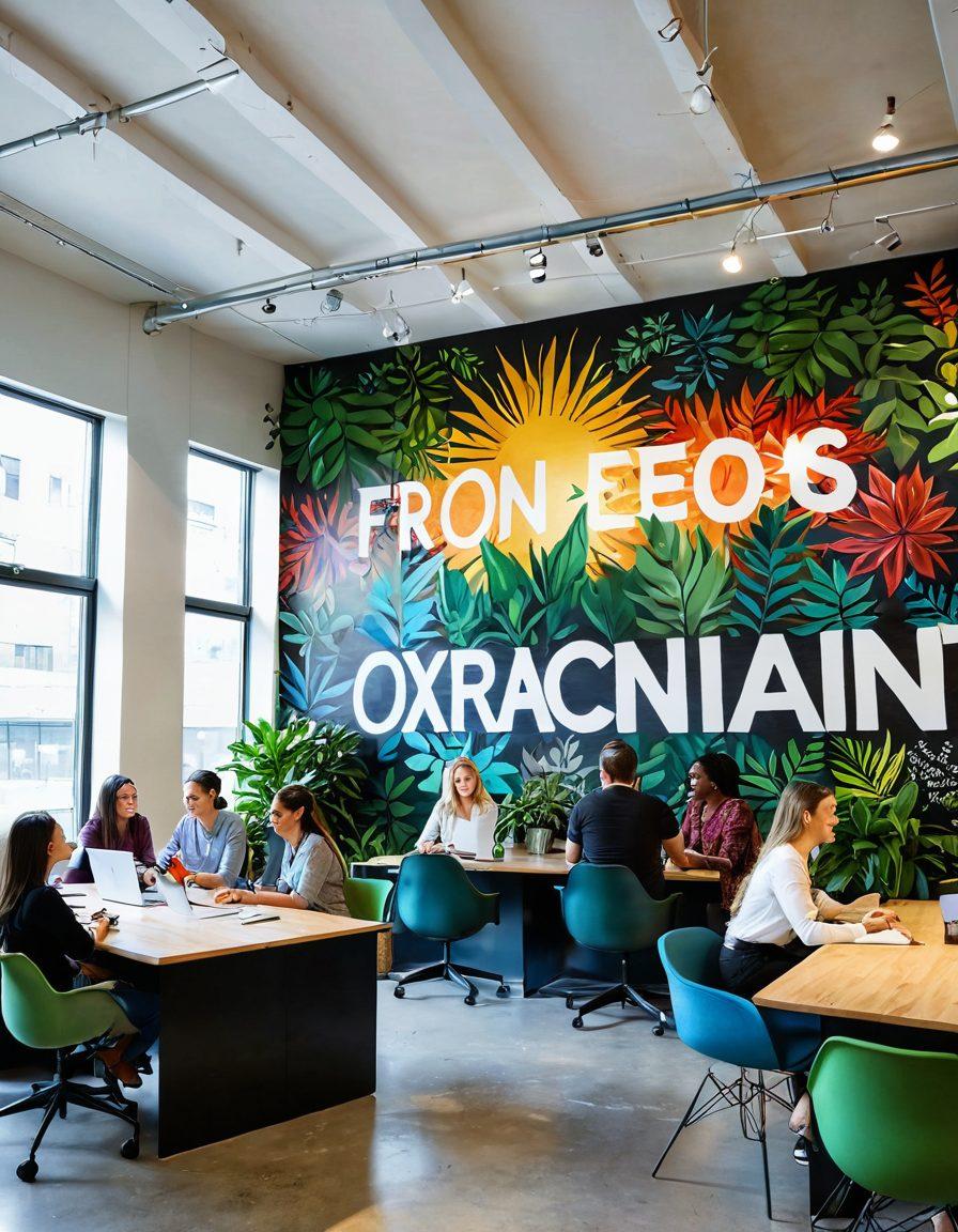 A diverse group of employees joyfully collaborating in a bright, modern office space filled with plants and art, showcasing the spirit of teamwork and positivity. A large, colorful mural depicting the phrase 'From Good to Extraordinary' serves as a backdrop, with beams of sunlight illuminating the scene. Everyone is smiling, engaged in animated discussions, and sharing ideas, symbolizing a merry and innovative culture. super-realistic. vibrant colors. open space.