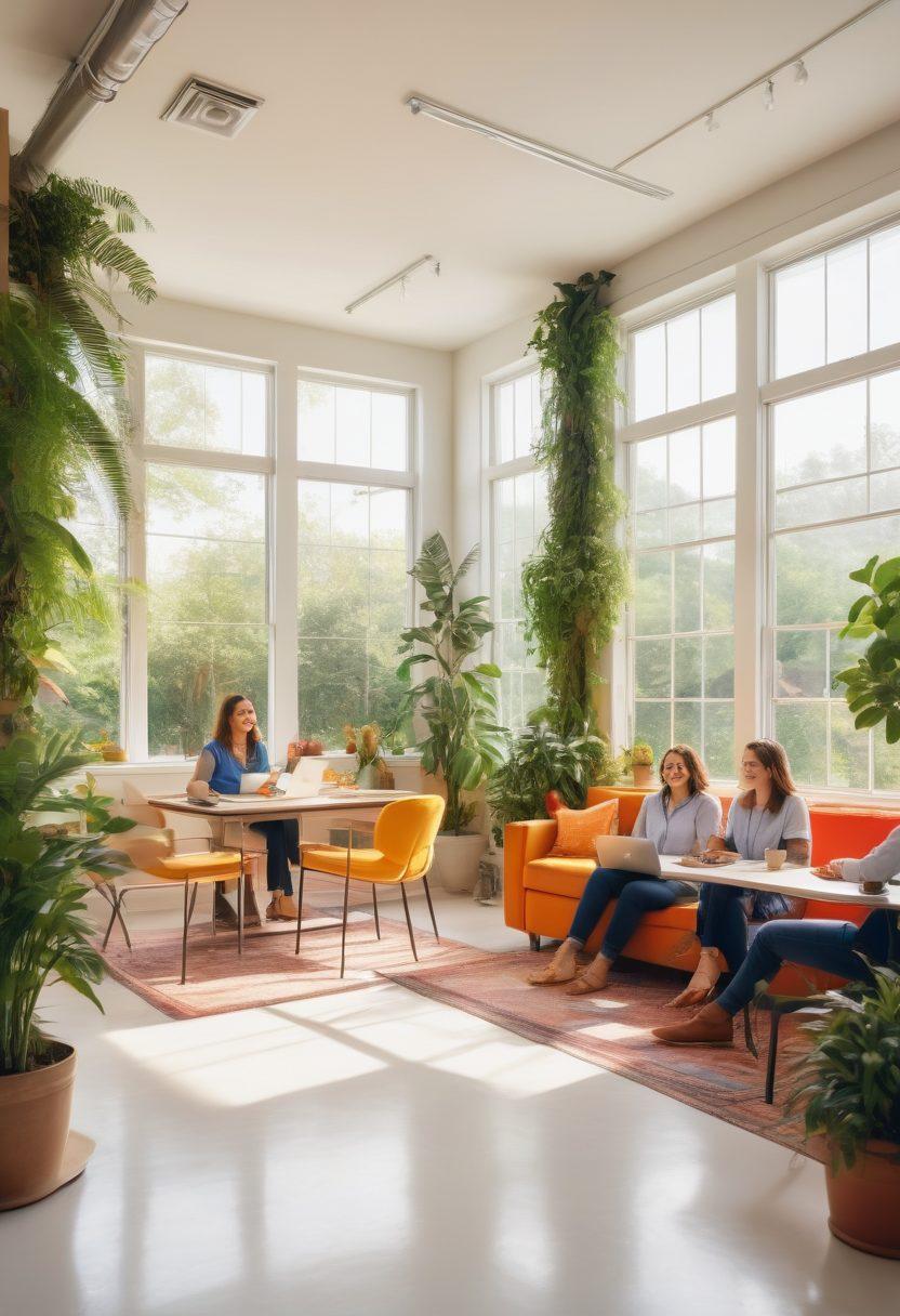 A vibrant office scene filled with diverse employees collaborating and sharing ideas, surrounded by lush greenery and colorful decor. Bright sunlight streams through large windows, highlighting elements of joy such as laughter and creativity in action. Include motivational posters and a coffee station to symbolize energy and productivity. super-realistic. vibrant colors. white background.