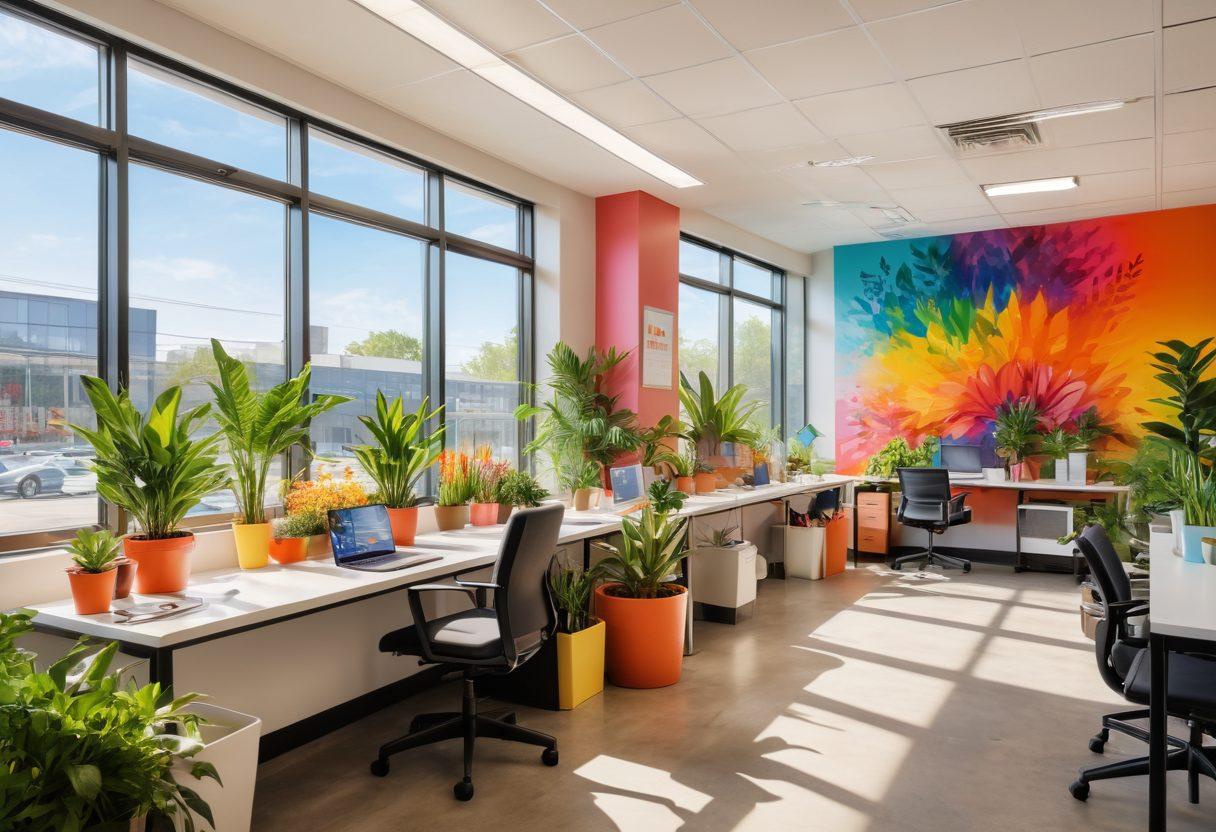 A vibrant office space filled with diverse employees collaborating joyfully, colorful plants decorating the area, uplifting quotes on the walls, and a clear glass window showcasing a bright sunny day outside. The atmosphere radiates positivity and teamwork, symbolizing a successful business culture. super-realistic. bright colors. modern design.